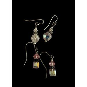 Set Of 2 Sterling Silver Aurora Borealis Crystal Dangle Earrings 925